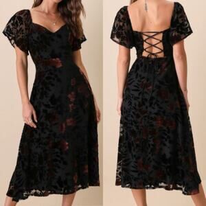 Lulu's Black and Red Floral Midi Dress
